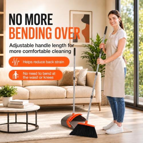 Image of Broom and Dustpan Set, Upgraded Broom with Dustpan Combo Set with 56 inch Tall Adjustable Handle, Self-Cleaning Teeth, Upright Standing Dust Pan for Heavy Duty Indoor Outdoor Cleaning and Pet Hair