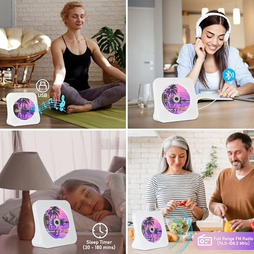 Bluetooth CD-Player mit HiFi-Lautsprecher, Fernbedienung, Staubschutzhülle, FM-Radio, LED-Bildschirm, Sleep-Timer, AUX/USB, Music CD Players für Zuhause, Weiß