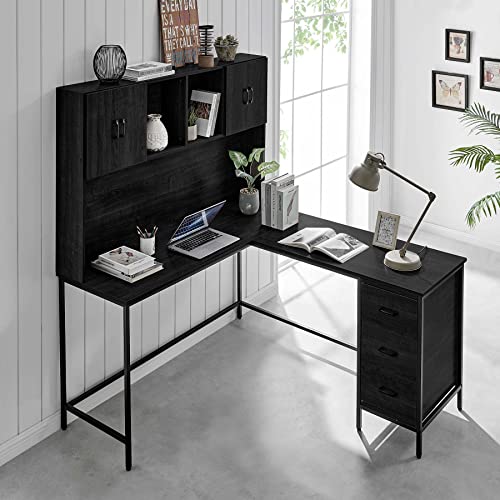Fineboard, Black L-Shaped Desk with Hutch and Storage Cabinets and shelfs with 3 Drawers Fineboard, Black L-Shaped Desk with Hutch and Storage Cabinets and shelfs with 3 Drawers