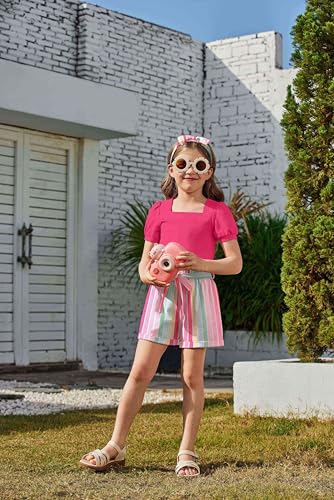Image of Arshiner Toddler Girls 3 Piece Outfit Set Puff Sleeve Square Neck Top with Shorts and Matching Headband Summer Clothes 2T-8Y