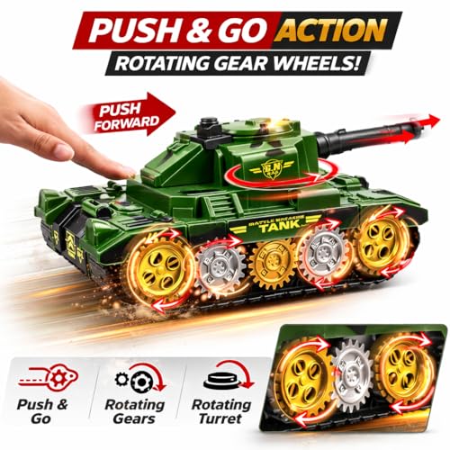 Image of TEC TAVAKKAL Battle Breakers Toy Military Tank for Kids with Mini Tank Launcher, 360 Rotating Turret & Adjustable Cannon | Action Battle Toy Vehicle with Moving Wheels for Kids (Green)