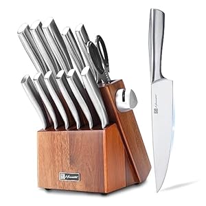 Kitchen Knife Set, 13 Pieces Stainless Steel Knife Sets for Kitchen with Block, Acacia Wood Knife Block Set with Sharpener, Gift Box Packed, Silver.