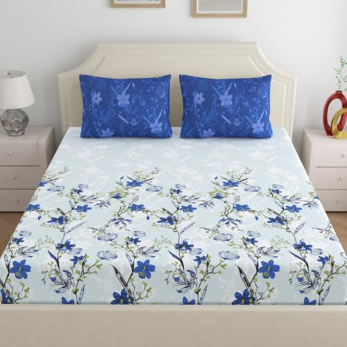 Image of Dreamscape 100% Cotton Queen Fitted Bedsheet with 2 Pillow Covers - (Size 60 x 78 inches, 140 TC, Colour - Blue)