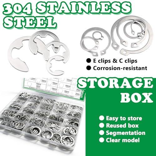 Aienxn 802PCS Snap Rings Assortment Kit, E Clips Assortment Kit (1.5MM-10MM) and C Clips Assortment Kit (4MM-28MM), 31 Sizes 304 Stainless Snap Ring Kit with 5PCS Snap Ring Plier and 1PCS Tweezer — view 5