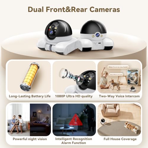 AEZ Robot Camera on Wheels 1080P Dual Lens,Indoor Movable Security Camera with 2-Way Talk,Blinky Bot with Night Vision,Distance Bot App Control for Cats/Dogs/Baby/Elderly (SD/Cloud Storage) - Image 3
