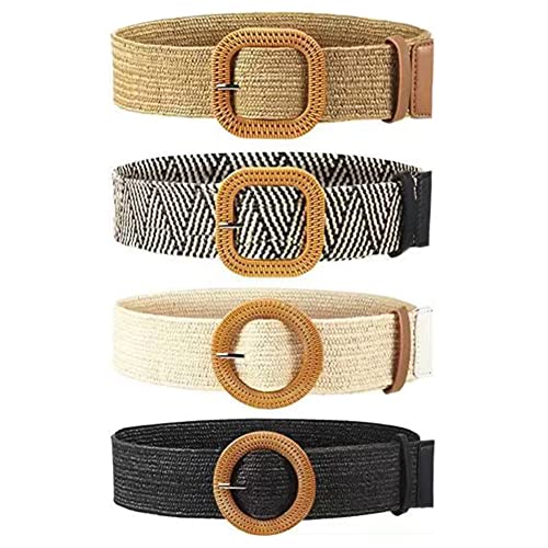 Rojeam Women Straw Woven Elastic Belts for Dress Shorts Jeans Pants Fashion Ladies Belt Waist Dress Band