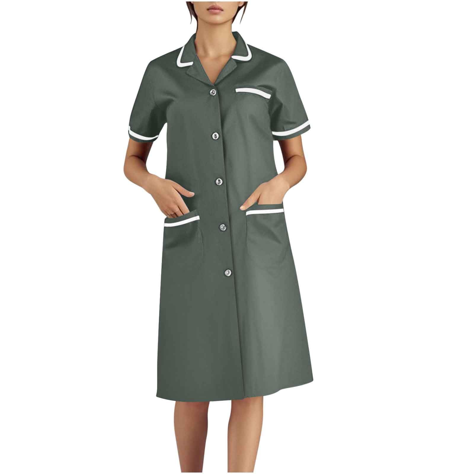 Holiday Workwear for Women 2025 Stretchy Button Front Short Sleeve Dresses Casual Nurses Uniforms Dress with Pockets