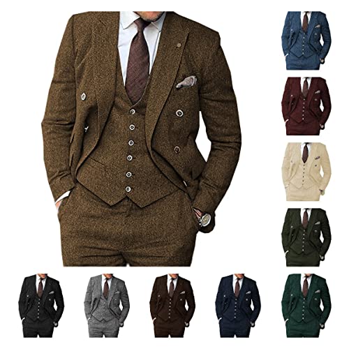 Vintage Mens Suit 3 Pieces Tweed Herringbone Regular Fit Business Jacket Classic Blazer Vest Sets Wedding Grooms4
