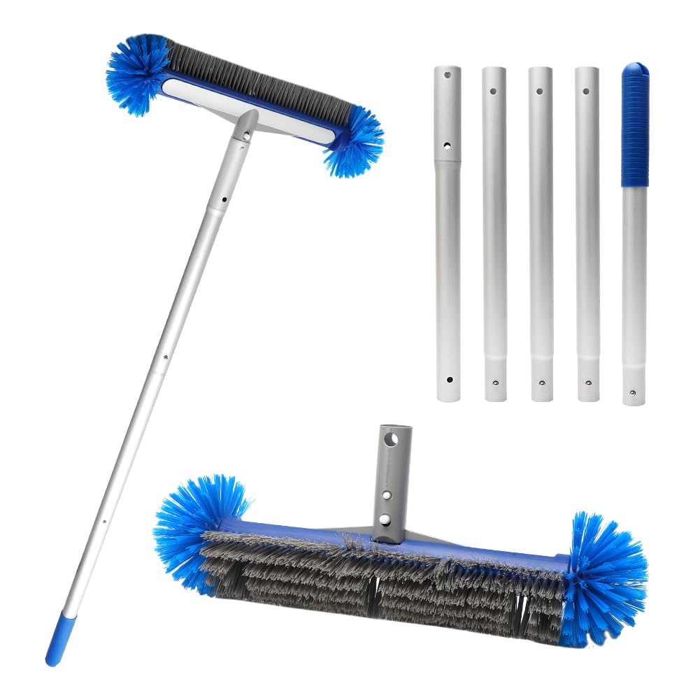 45cm Runde Poolbürste, Pool Reinigungs Bürste mit verstellbarem Aluminium-Stiel 190cm, Poolbesen, Bodenbürste für Badezimmer, Schrubbbürste mit Halbrundborsten für Boden, Wand und Stufen