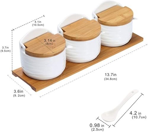 Miniatura 17 de Tarro de porcelana para condimentos, recipiente de cerámica con tapa abatible para especias con tapas de bambú y cucharas, para cocina y hogar