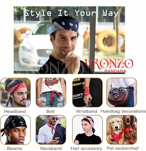 Image of VRONZO Unisex Soft Breathable 100% Cotton Bandana for Men & Women | Head Band for Men Bike Riding, Scarf for Men, Head Scarf for Women, Multi-Purpose Paisley Printed Square 50x50 cm