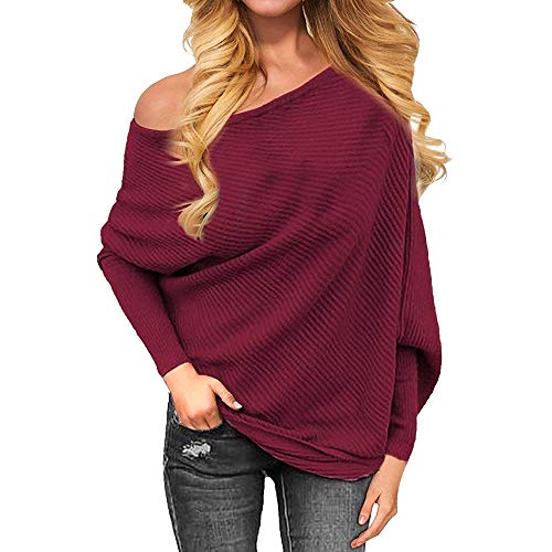 ZARLLE Casual Mujer Jerséis Moda Suéter Largo Casual Jersey Prendas de Punto de Cuello Barco Hombros Tops Sexy Suelta Batwing Mangas Largas Camiseta Tops