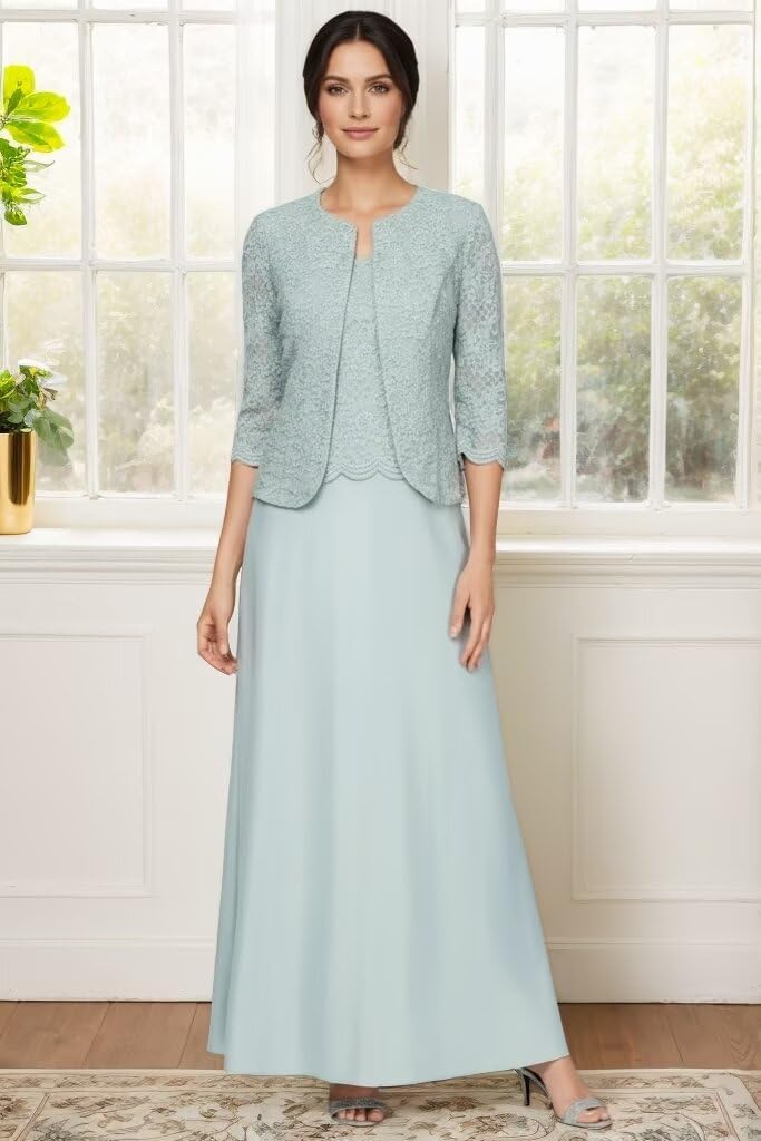 2 Pieces Mother of The Bride Dresses for Women Laces Appliques Wedding Guest Gown Satin Formal Evening Dress with Jacket