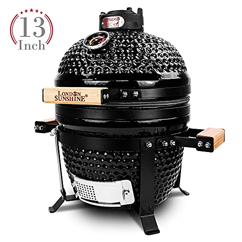 Ceramic BBQ Charcoal Kamado Grill 13 inch Portable Tabletop BBQ Grill with Stainless Steel Grates Black, Black