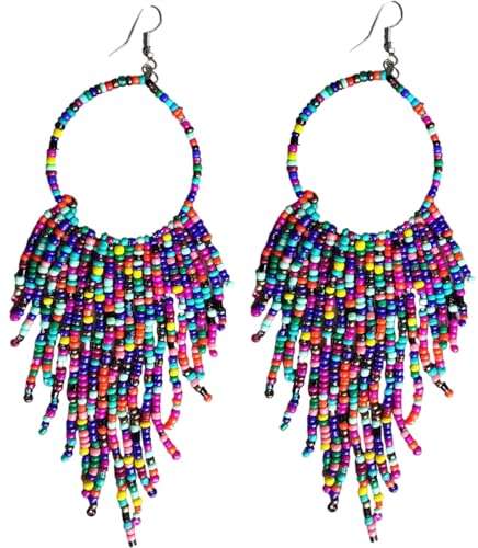 Tribal Dangle Fringe Tassel Bead & Hoop Earrings Native American Style by BOGZON (Multi Color)