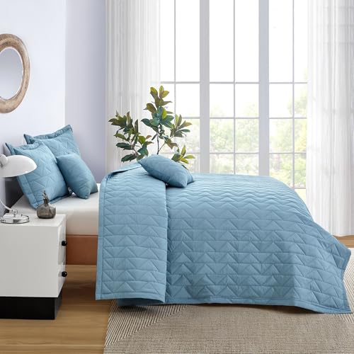 Image of Oversized King Bedspread 128x120 Extra Wide, Geometric Diamond Stitched Quilt Set King /Cal King, Lightweight Reversible Coverlet, Straight Edge - Fresh Modern Look, 5 Piece, Ashley Blue