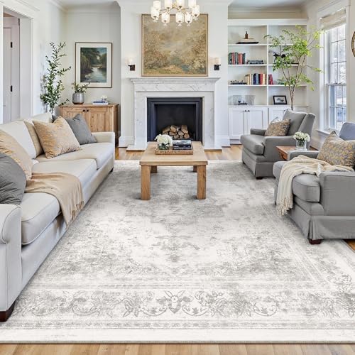 Washable Rug 8x10 Area Rug for Living Room Light Gray Vintage Boho Medallion Large Grey Distressed Retro Carpet Non Slip Indoor Low Pile Small Soft Bedroom Dining Room Home Office