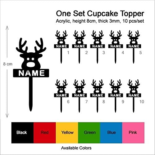 TA0972 Cute Reindeer Xmas Silhouette Party Wedding Birthday Acrylic Cupcake Toppers Decor 10 pcs with Personalized Your Name
