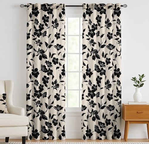 Vargottam Cotton Curtains for Windows - 3-in-1 Rod Pocket/Back Tab Short Window Drapes - Light Filtering Cotton Canvas Panels - Set of 2, 52"x63" - Floral Print (White)