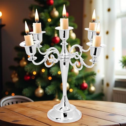 Miniatura 2 de Qwork Elegante Candelero De 5 Cabezas Plata, 27 Cm, Aleación De Zinc, Para Bodas Y Decoraciones