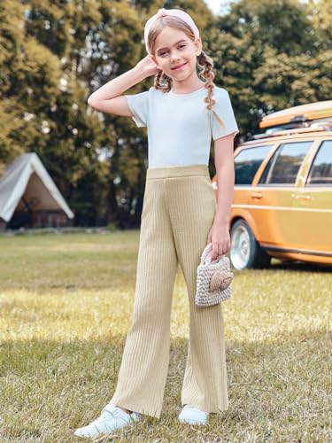 Image of Haloumoning Girls Solid Rib Knit Wide Leg Pants Elastic Waist Flowy Casual Sweater Pants 5-14 Years