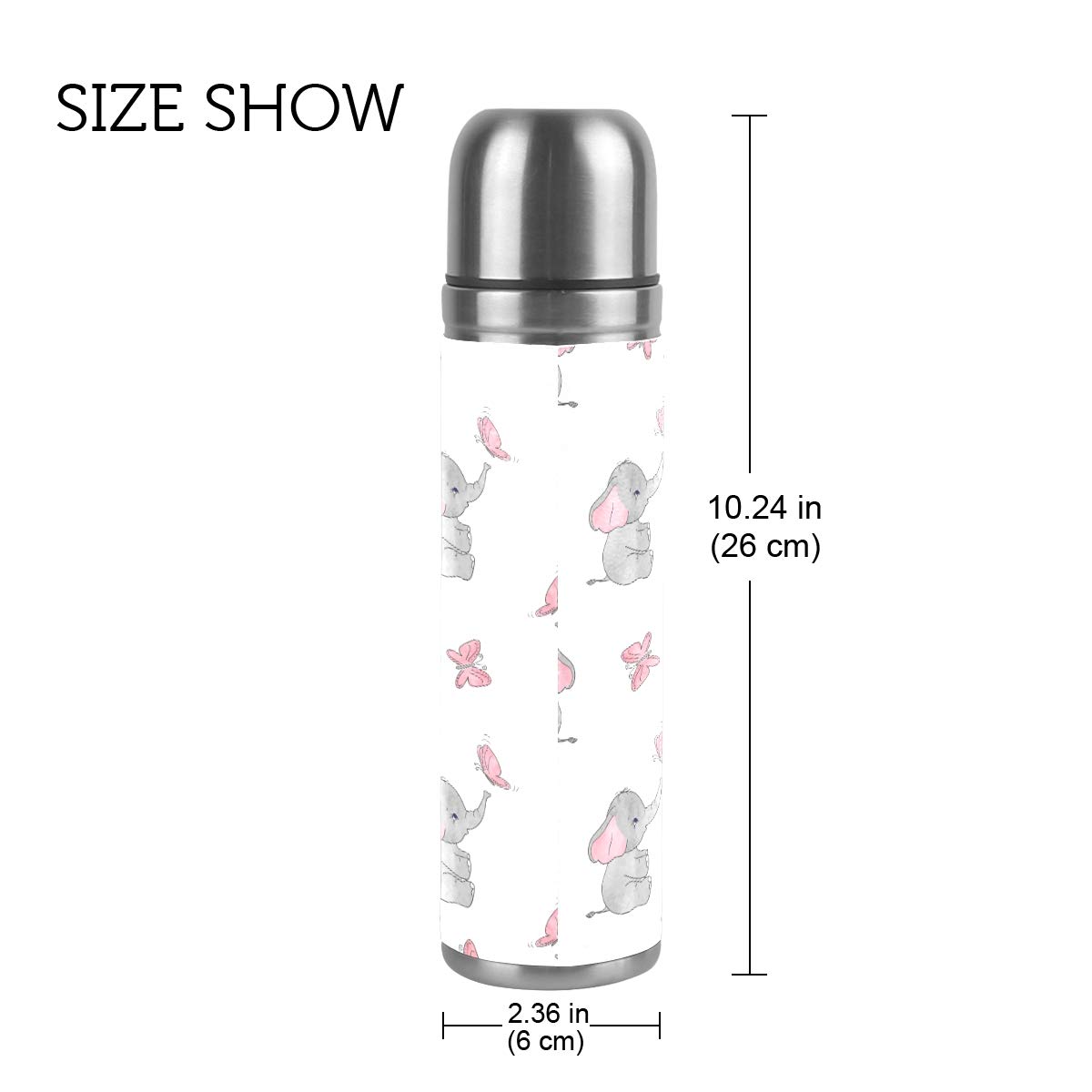 Thermosflasche, Vakuum-isoliert, Edelstahl, doppelwandig, auslaufsicher, Tier-Elefant, Schmetterling, personalisierbar, bedruckt, echtes Leder, 500 ml