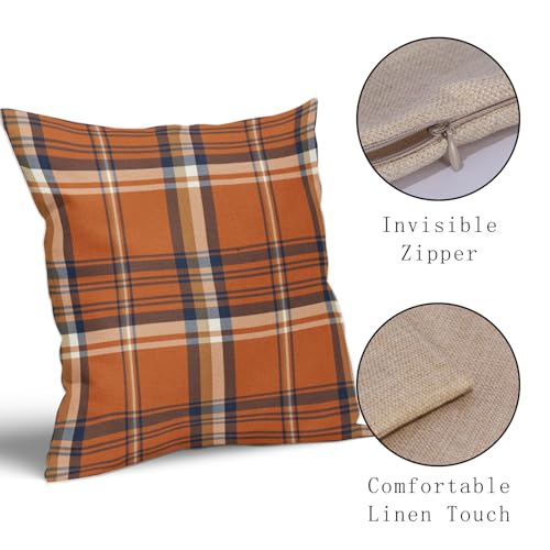 Sweetshow Fall Plaid Pillow Covers 18X18 Set Of 2 Orange Blue Buffalo Plaid Tartan Print Autumn Themed Decorative Throw Pillows Outdoor Pillowcase Square Linen Farmhouse Cushion Case Decor thumb #3