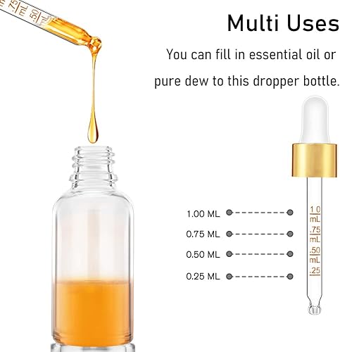 Miniatura 3 de Bumobum Frasco cuentagotas transparente de 1 oz, botellas cuentagotas de vidrio para aceites esenciales con tapa superior dorada, botella de tintura