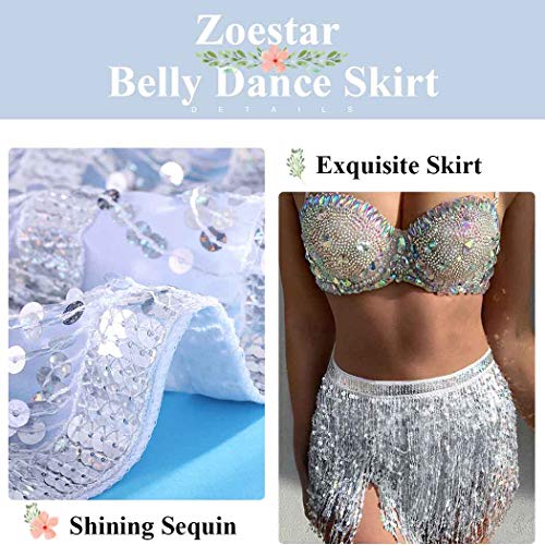 Zoestar Sequin Belly Dance Skirt Tassel Hip Scarf Multilayer Dance Belt Costume Performance Party Skirt Wrap For Women And Girls (Silver) #TOP5