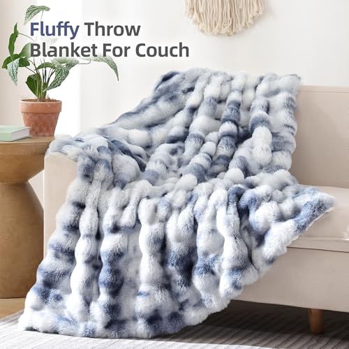 Smoofy Faux Fur Throw Blanket for Couch Rabbit Fleece - Tie-dye Blue Fluffy Blanket for Sofa Bedroom Living Room, Cozy Soft Plush Luxury Thick Winter Fuzzy Comfy Bubble Blanket - 60" x 80"