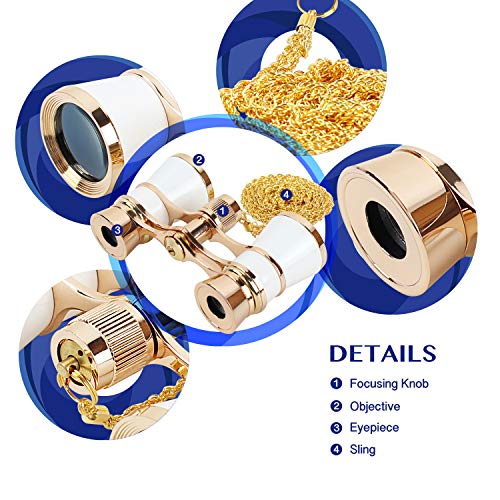 Aomekie Opernglas Theaterglas 3er Vergrößerung Mini Klein Kompakt Feldstecher Fernglas mit Kette für Theater Konzert Opera und Pferderennen 3X 25 (weiß)