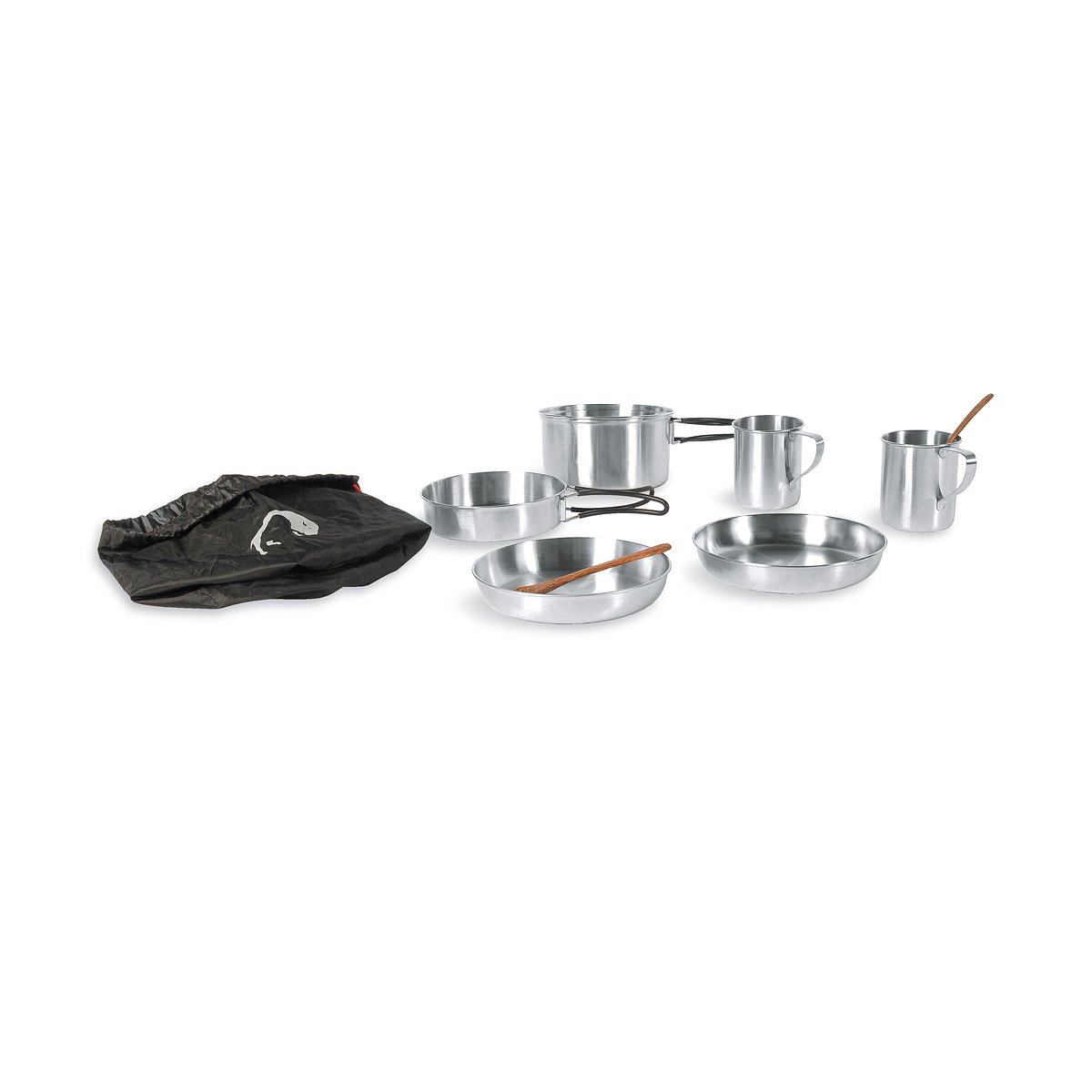 Tatonka Camping-Kochgeschirr Picnic Set (8-teilig) - Edelstahl-Geschirr fürs Picknick zu zweit - Mit Topf, Pfanne, 2X Teller, 2X Tasse mit Henkel und 2X Löffel aus Kokosholz - Schadstofffrei, Silber