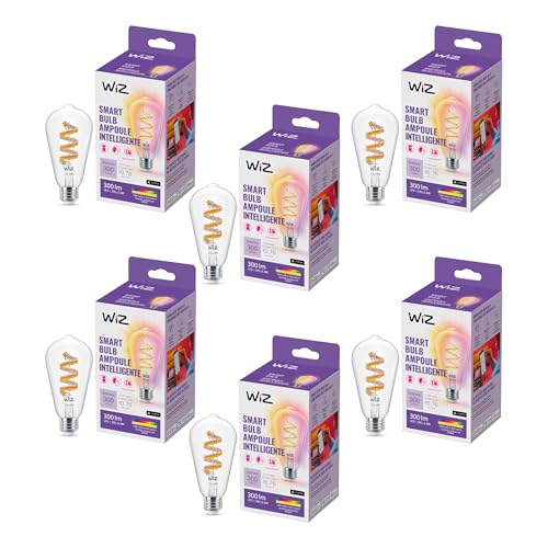WiZ Color ST19 Color Filament LED Smart Bulb - Pack of 6-300 Lumen - E26 Indoor - Connects to Your Existing Wi-Fi - Control with Voice or App + Activate with Motion - Matter Compatible.