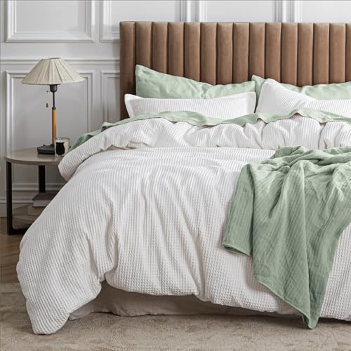 Image of Bedsure Waffle Comforter Set Queen, White Soft Bedding, Waffle Weave Bed Set, 3 Pieces, 1 Comforter (90 inchx90 inch) and 2 Pillow Shams, Cotton Shell and Polyester Lining for All Seasons
