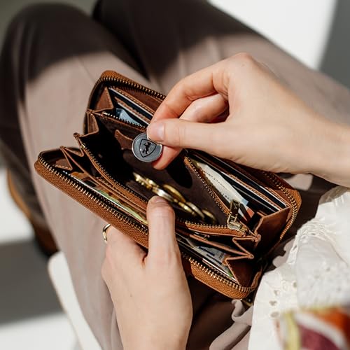 Image of BERLINER BAGS Genuine Leather Zip Wallet Women Lyon, Gift Box - Brown | Soft Leather Zip Around Wallet, Fits up to Phone 6.9 inch, 15 Card Slots, 1 ID Window, 3 Bill Slots, 1 Coin Pocket, RFID Blocking