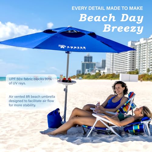 AMMSUN 8ft Large Beach Umbrellas for Sand Heavy Huty Wind Portable Commercial Grade Patio Beach Umbrella with Sand Anchor Adjustable Height Air Vent UPF 50+ Telescoping Pole without tilt Dark Blue by AMMSUN - Image 2