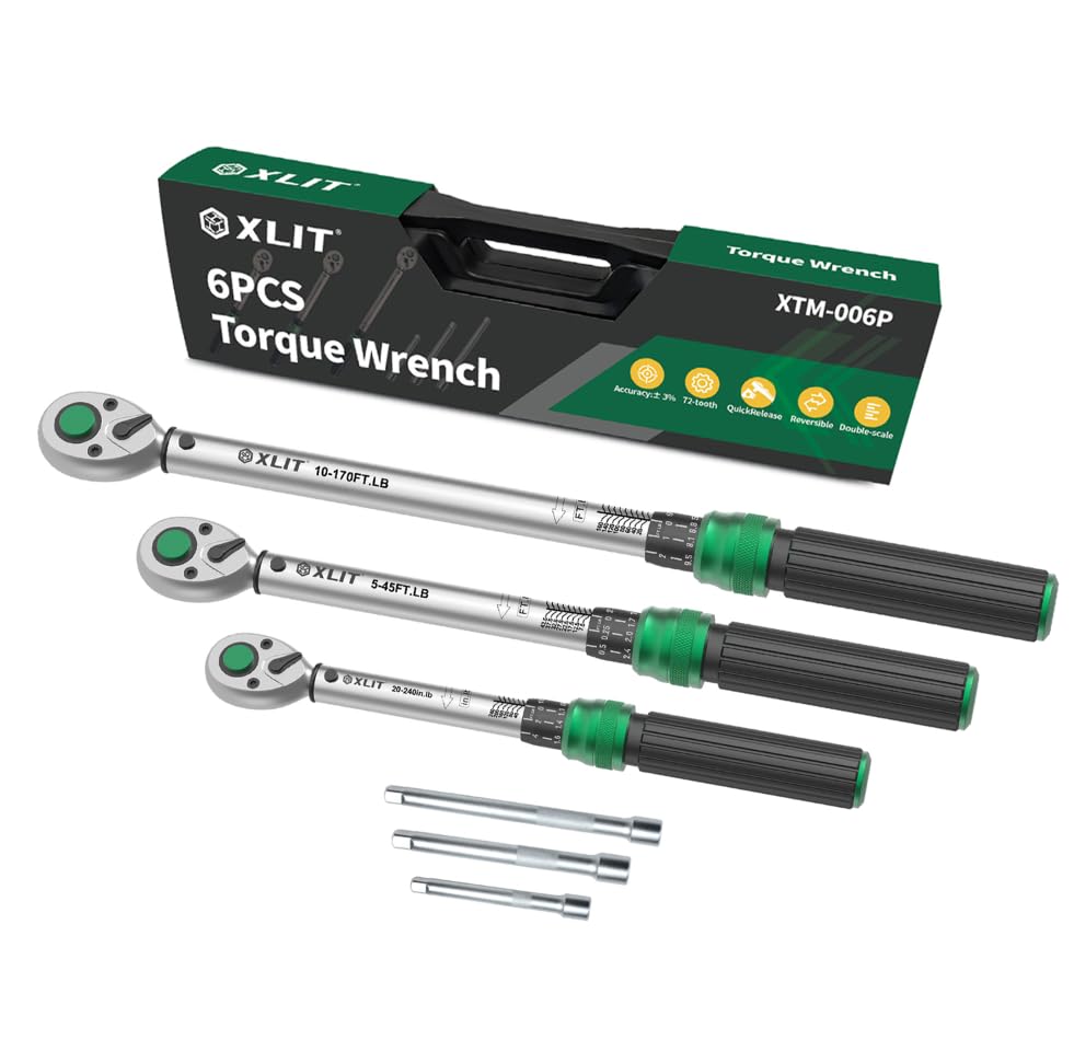 Image of 3-Piece Torque Wrench Set - 3 Click Wrenches (1 /4 inch, 3 /8 inch, 1 /2 inch) with 3pc Extension Bars, 72-Tooth Ratchet, ±3% Accuracy, for Automotive, Motorcycle & E-Bike