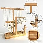 Solid Wood Jewelry Tower Organizer - 3-Tier Tree Holder Stand with 11 Earring Holes, 2 T-bar for bracelets Necklace or watches, Ring Tree & Display Tray (natural wood) - Image 2