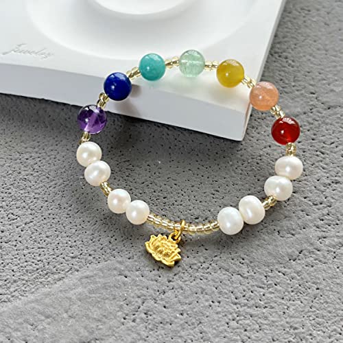 [Amber Crystal] Women Healing Natural Pearl 7 Chakra Yoga 18K Gold Lotus Energy Crystal Beads Elastic Bracelet #TOP3