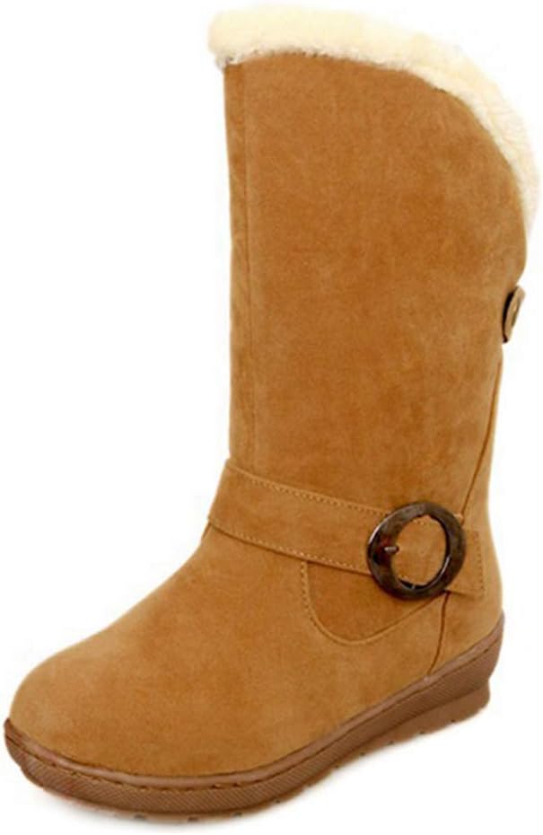 MIOKE Women's Winter Fur Snow Boots Mid Wide Calf Waterproof Suede Buckle Slip On Platform Warm Cotton Boot