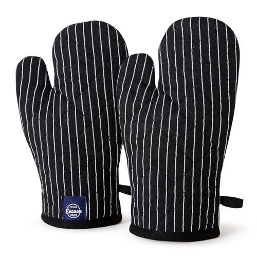 Encasa XO Long 12'x7' Oven Microwave Hand Gloves Mitts (2 pc Set) for Kitchen Cooking & Baking - Heat Resistant, Thick & Safe, Protection of Hands from Hot Utensils - Butcher Stripes Black