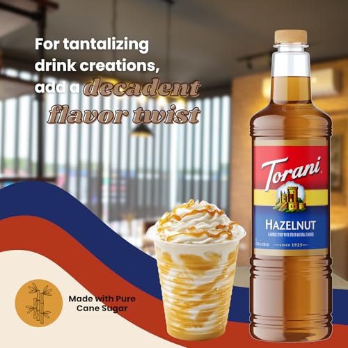 Image of Torani Hazelnut Syrup 1 Liter Bottle with Pump - Premium Coffee Flavoring Made with Pure Cane Sugar & Natural Flavors for Lattes, Cappuccinos, Desserts, Cocktails & More - Rich Nutty Sweetener