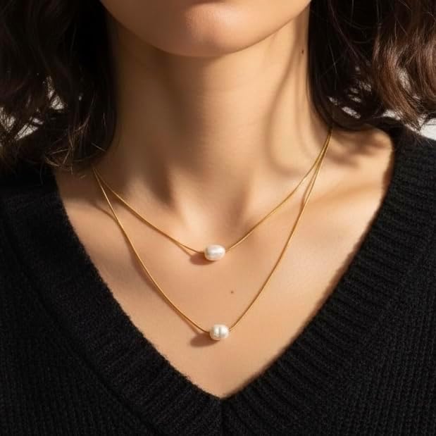 Elegant Double Layer Pearl Necklace, 18K Gold Plated over Stainless Steel Rope Chain with Freshwater Pearls, Layered Style, 16-Inch and 17-Inch Chains with 2-Inch Extension, Tarnish Resistant - Image 6