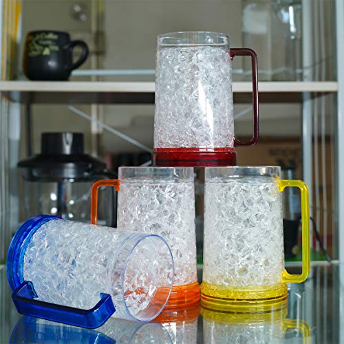 Drinking Glasses Cups, Double Wall Gel Freezer Beer Mugs, Freezer Ice Mugs Cups, 16Oz, Plastic Cooling Beer Mug Clear Set Of 4 (Red, Green, Blue, Orange) #TOP1