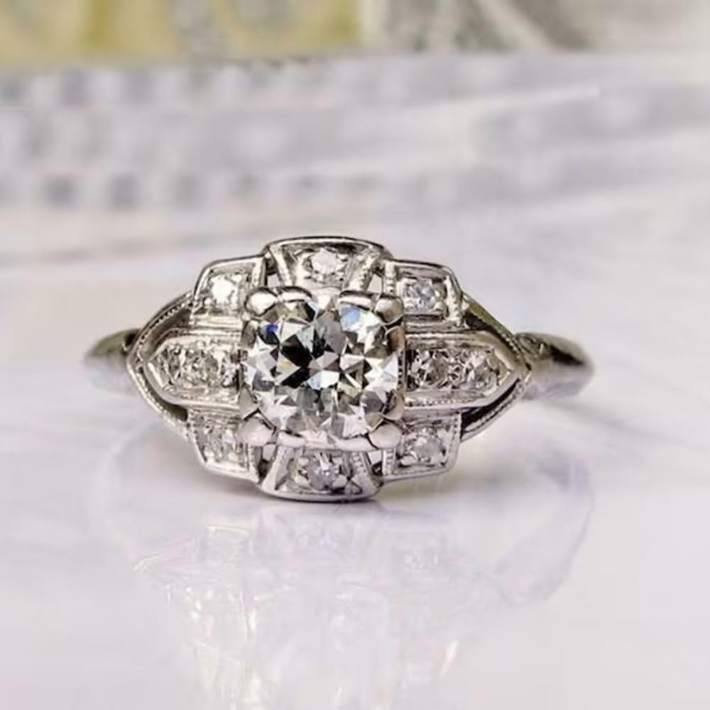 Woman's Vintage Style Ring Antique Old European Cut Diamond Art Deco Wedding Edwardian Style Engagement Ring 14K White Gold Plated 925 Sterling Silver Handmade Retro Victorian Proposal Ring