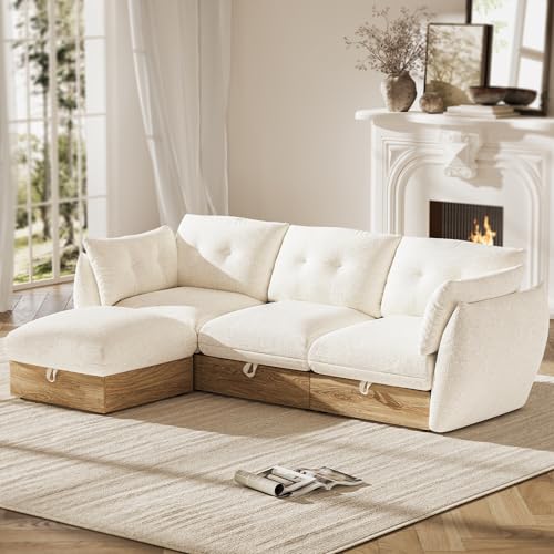 Image of L Shaped Cloud Couch Sectional Modular Sofa with Storage, Cotton and Linen Fabrics Modern Oversized Deep Seat Sofa with Armrest Pillow, Easy Assembly for Living Room, Apartment, Ivory