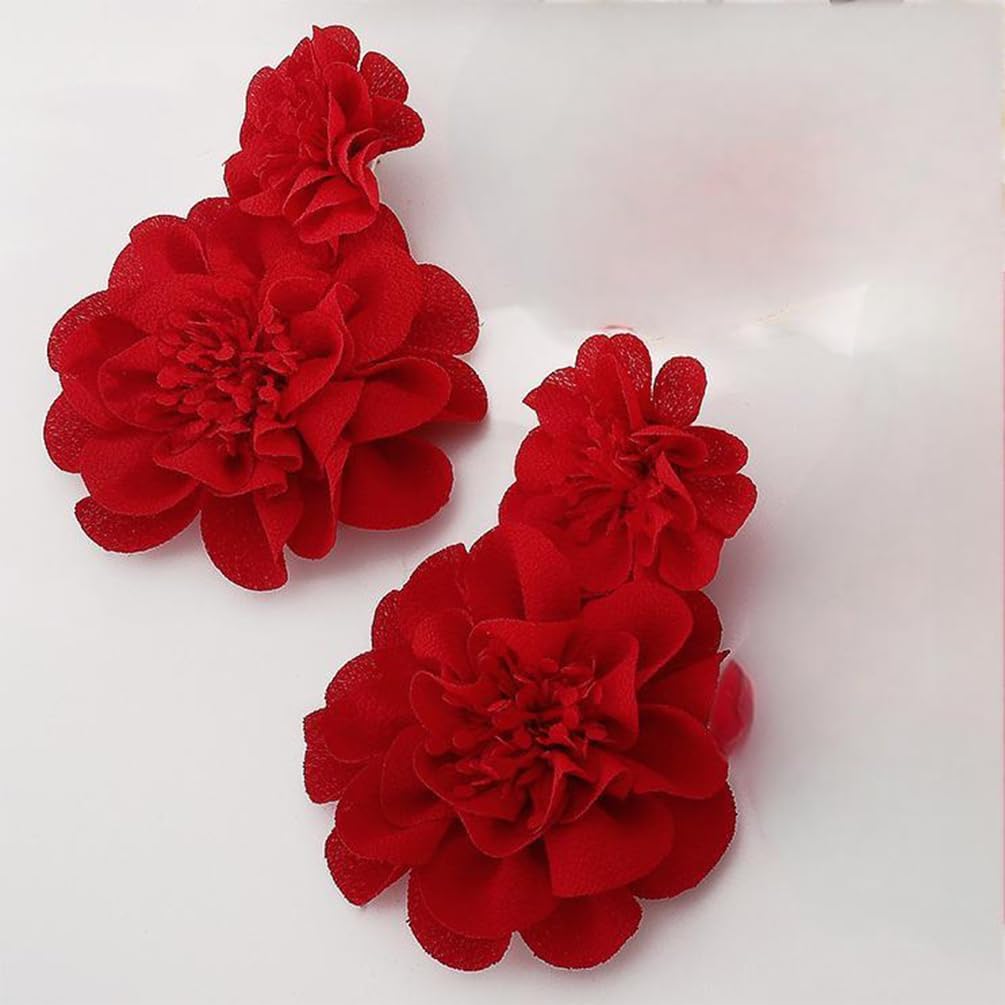 Statement Oversized Red White Double Fabric Flower Dangle Drop Earrings for Women, Charm Boho Floral Dangling Earring Bold Party Prom Vacation Jewelry Gift - Image 6