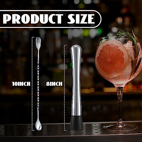 Domensi 8 Pcs Muddler for Cocktails Mixing Spoon 8\" Stainless Steel Muddler and 10\" Bar Spoon Home Bar Accessories Set Cocktail Muddler Stirrer Bartender for Mojitos Fruit Drinks - Thumbnail 2