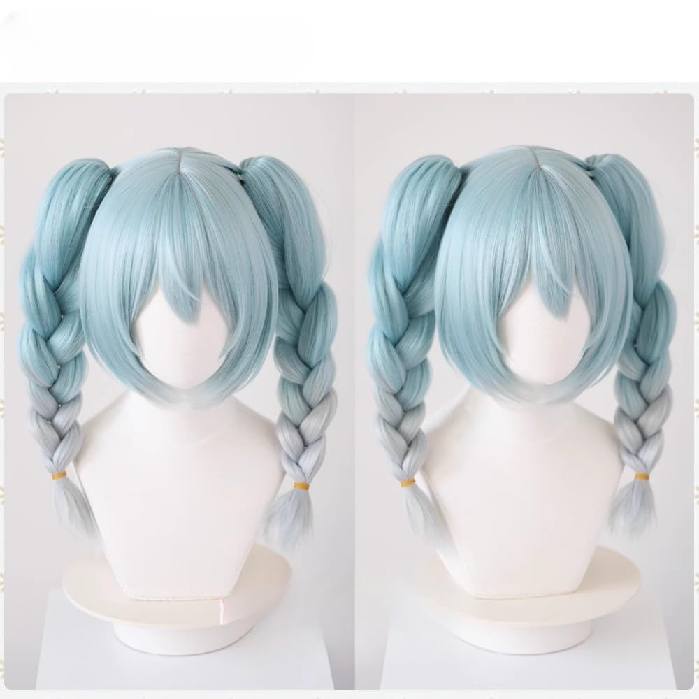 Xingwang Queen Anime Bunny Cosplay Wig, Double Braided Ponytail, Gray-Green Gradient, Cos Party Wigs for Women