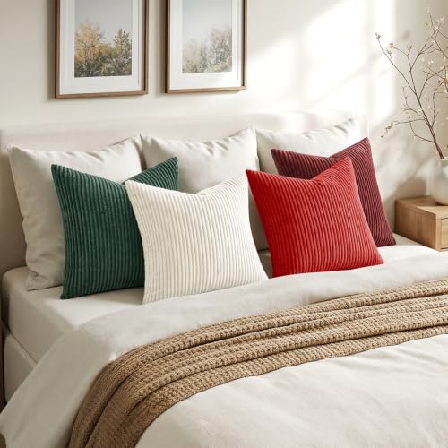 Image of MIULEE Corduroy Decorative Throw Pillow Covers Christmas Red White 18x18 | Set of 4, Mordern Christmas Decor, Classic Red White Green Set, Boho Farmhouse Cushion Covers for Couch Bed Sofa Living Room